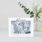 Moderne glauben Script Foto Name Blue Christmas Postkarte (Stehend Vorderseite)