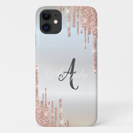 Moderne Glitter-Drips Roségold, Silber Monogramm Case-Mate iPhone Hülle (Rückseite)