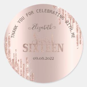 Moderne Glitter Drips Rosen Gold Sweet 16 Runder Aufkleber