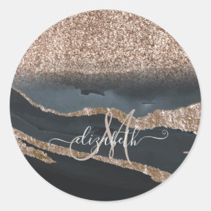 Moderne Glitter-Marmor-Monogramm Runder Aufkleber