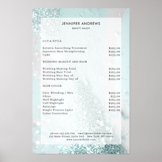 Moderne Glitter-Mint-Salon-Preisliste Poster (Vorne)