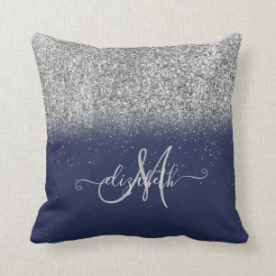 Moderne Glitter Ombre Silber Monogramm Navy Blau Kissen