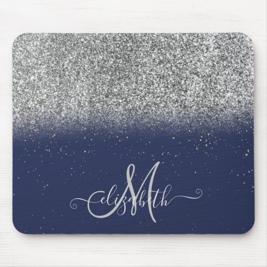 Moderne Glitter Ombre Silber Monogramm Navy Blau Mousepad (Vorne)