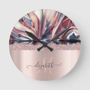 Moderne Glitter-Roségold-Monogramm-Abstrakt  Runde Wanduhr