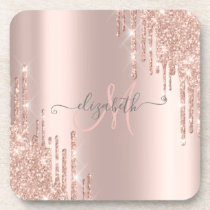 Moderne Glitter-Tropfen Roségold-Monogramm Getränkeuntersetzer