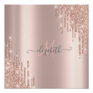 Moderne Glitter-Tropfen Roségold-Monogramm Poster