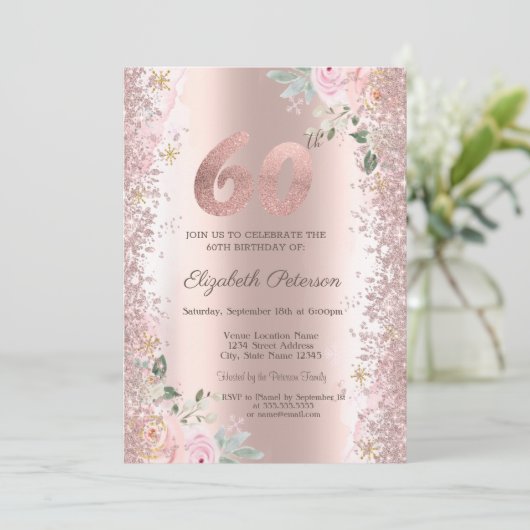 Moderne Glitzer Confetti Rose Gold Rose 60. Einladung (Stehend Vorderseite)