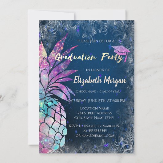 Moderne Glitzer Graduation Cap, Ananas Einladung (Vorderseite)