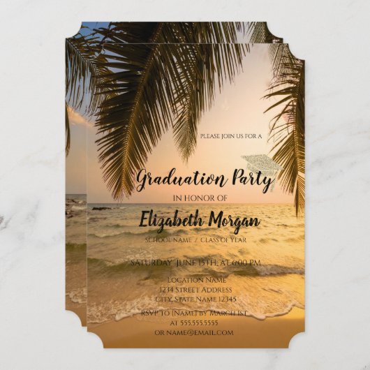 Moderne Glitzer Graduation Cap, Beach Palm Einladung (Vorne/Hinten)