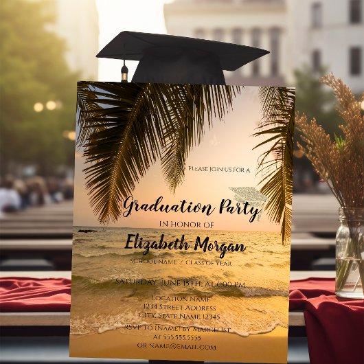Moderne Glitzer Graduation Cap, Beach Palm Einladung