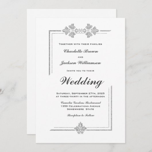 Moderne Glitzer Hochzeit in Weiß und Silber Einladung (Vorne/Hinten)
