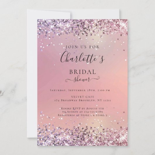 Moderne Glitzer Lila-Silber (Imitat) Bridal Einladung (Vorderseite)