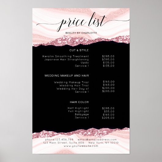 Moderne, Glitzer, rosa schwarze Preisliste Poster (Vorne)