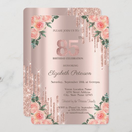 Moderne Glitzer Tropfen Blumengewächse Rose Gold 8 Einladung (Vorne/Hinten)