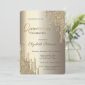 Moderne Glitzer Tropfen Champagne Gold Quinceñera Einladung (Stehend Vorderseite)