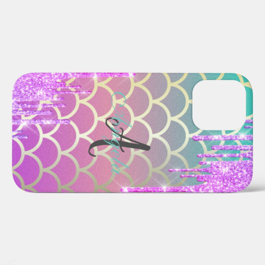 Moderne Glitzer Tropfen Mermaid-Skala ,Monogramm Case-Mate iPhone Hülle (Rückseite (Horizontal))
