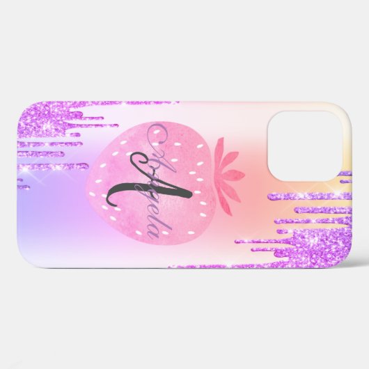 Moderne Glitzer-Tropfen, Ombre, Monogram-Erdbeere Case-Mate iPhone Hülle (Rückseite (Horizontal))