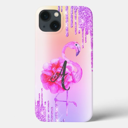 Moderne Glitzer-Tropfen, Ombre, Monogram, Flamingo Case-Mate iPhone Hülle (Rückseite)