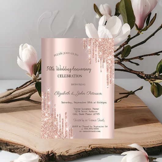 Moderne Glitzer Tropfen Rose Gold Hochzeit Jahrest Einladung