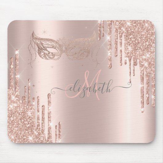 Moderne Glitzer Tropfen Rose Gold Maske Monogramm Mousepad (Vorne)