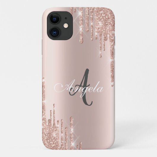 Moderne Glitzer Tropfen Rose Gold, Monogramm Case-Mate iPhone Hülle (Rückseite)