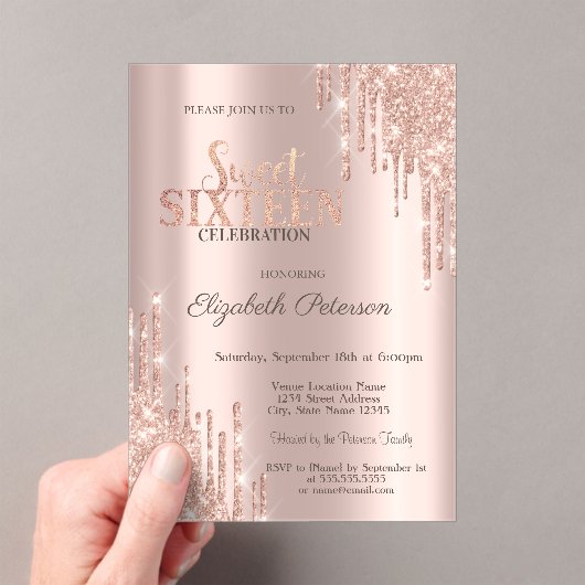 Moderne Glitzer Tropfen Rose Gold Sweet 16 Acryleinladungen (Insitu (Handheld))