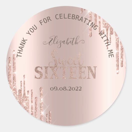 Moderne Glitzer Tropfen Rose Gold Sweet 16 Runder Aufkleber (Vorderseite)