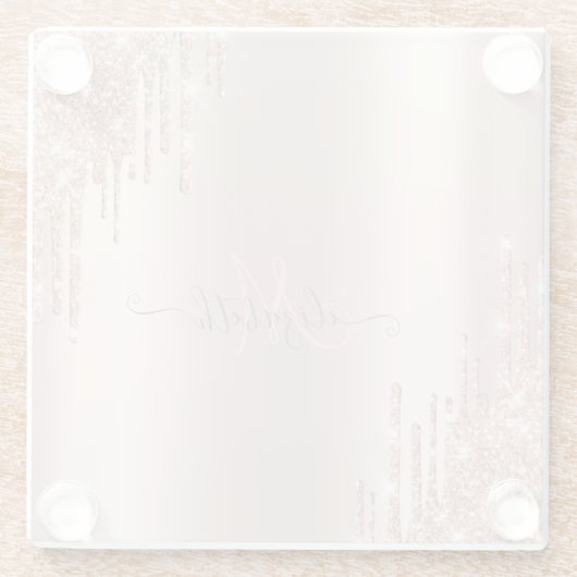 Moderne Glitzer Tropfen Rosen Gold Monogram Glasuntersetzer (Rückseite)