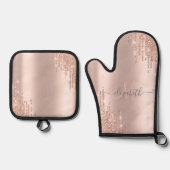 Moderne Glitzer Tropfen Rosen Gold Monogram Ofenhandschuh & Topflappen-Set (Vorderseite)