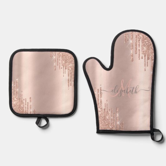 Moderne Glitzer Tropfen Rosen Gold Monogram Ofenhandschuh & Topflappen-Set (Vorderseite)