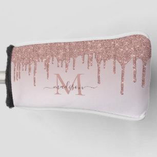 Moderne Glitzer Tropfen Rosen Gold Monogram Script Golf Headcover