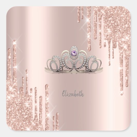 Moderne Glitzer Tropfen Rosen Gold Tiara Quadratischer Aufkleber (Vorderseite)