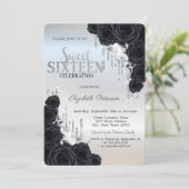 Moderne Glitzer Tropfen Schwarze Rose Silver Sweet Einladung (Stehend Vorderseite)
