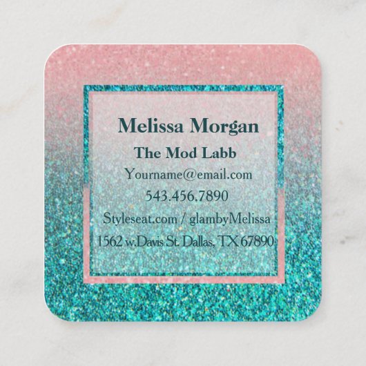 Moderne Glitzer Turquoise Square Business Card Quadratische Visitenkarte (Rückseite)