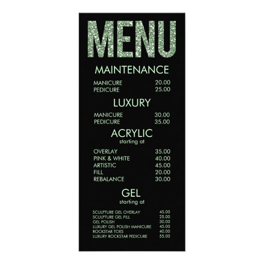 Moderne Glitzer Typografy Salon Menu Cards Werbekarte (Vorne)