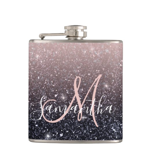 Moderne Glitzern in Schwarz und Rosa Glitzer Flachmann (Vorderseite)