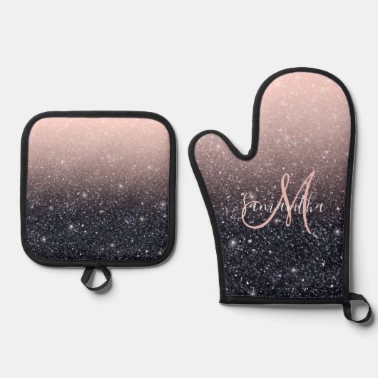 Moderne Glitzern in Schwarz und Rosa Glitzer Ofenhandschuh & Topflappen-Set (Vorderseite)