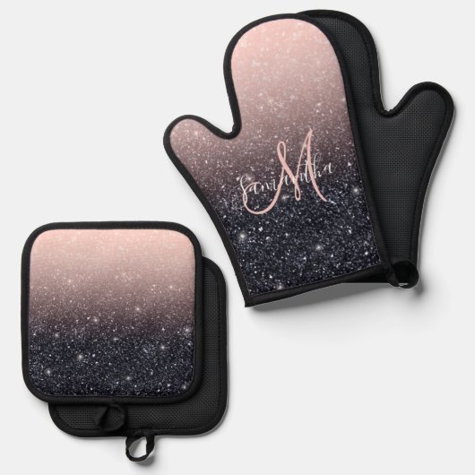 Moderne Glitzern in Schwarz und Rosa Glitzer Ofenhandschuh & Topflappen-Set (Vorderseite/Rückseite)
