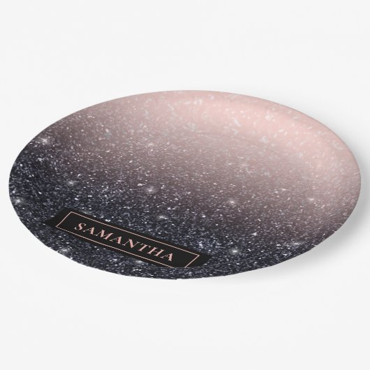 Moderne Glitzern in Schwarz und Rosa Glitzer Pappteller (Schrägansicht)
