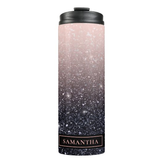 Moderne Glitzern in Schwarz und Rosa Glitzer Thermosbecher (Vorderseite)