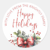 Moderne glückliche Ferien Script Red Bow aus Name Runder Aufkleber (Vorderseite)