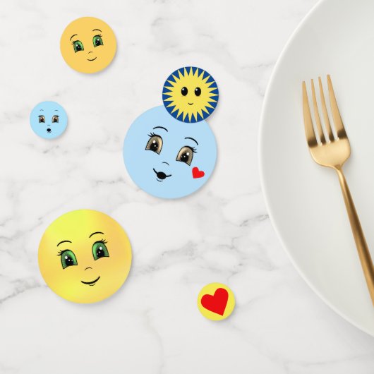 Moderne glückliche Gesichter in hellblau und gelb Konfetti (Gruppe)