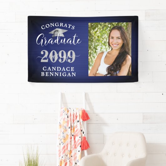 Moderne Glückwunsch Grad Foto Navy Blue Silver Banner (Insitu)