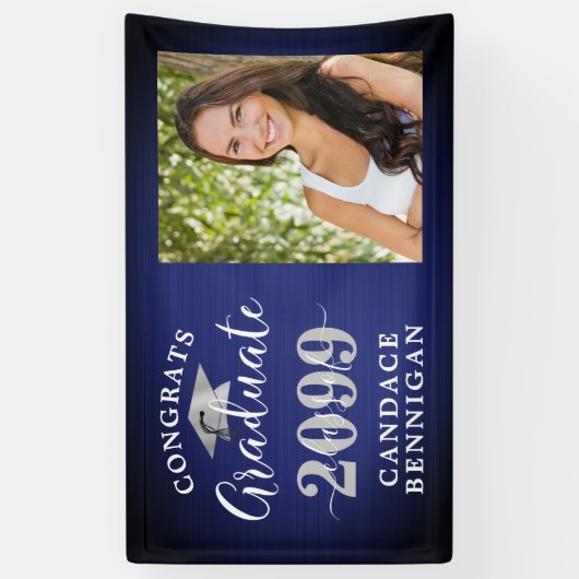 Moderne Glückwunsch Grad Foto Navy Blue Silver Banner (Vertikal)