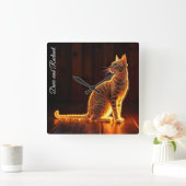 Moderne Glühtabby Katzenblau Augen Fantasie Kunst Quadratische Wanduhr (Zuhause)