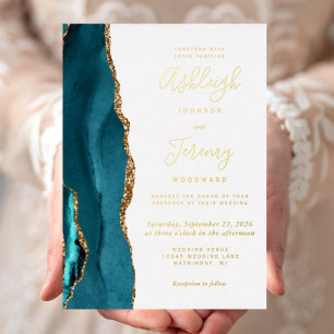 Moderne Gold Aquamarin Blue Agate Hochzeit Folieneinladung