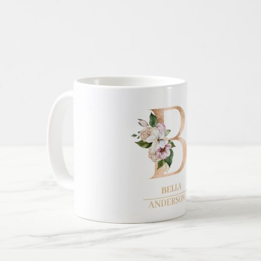 Moderne Gold-Aquarell-Blume Letter B | Monogramm Kaffeetasse (Vorderseite Links)