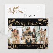 Moderne Gold Black Blätter 4 Foto Collage Weihnach Postkarte (Vorne/Hinten)