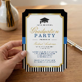 Moderne Gold Black Blue Stripes Graduierungsparty Einladung