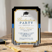Moderne Gold Black Blue Stripes Graduierungsparty Einladung